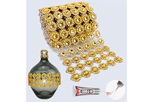 Yhsheen 3Yards Gold Flower Rhinestone Ribbon Trim with Glue, 4In/6Rows Rhinestone Mesh Fabric, Bling Ribbon Roll for Crafts, Party Christmas New Year Decoration(3Y-Gold)