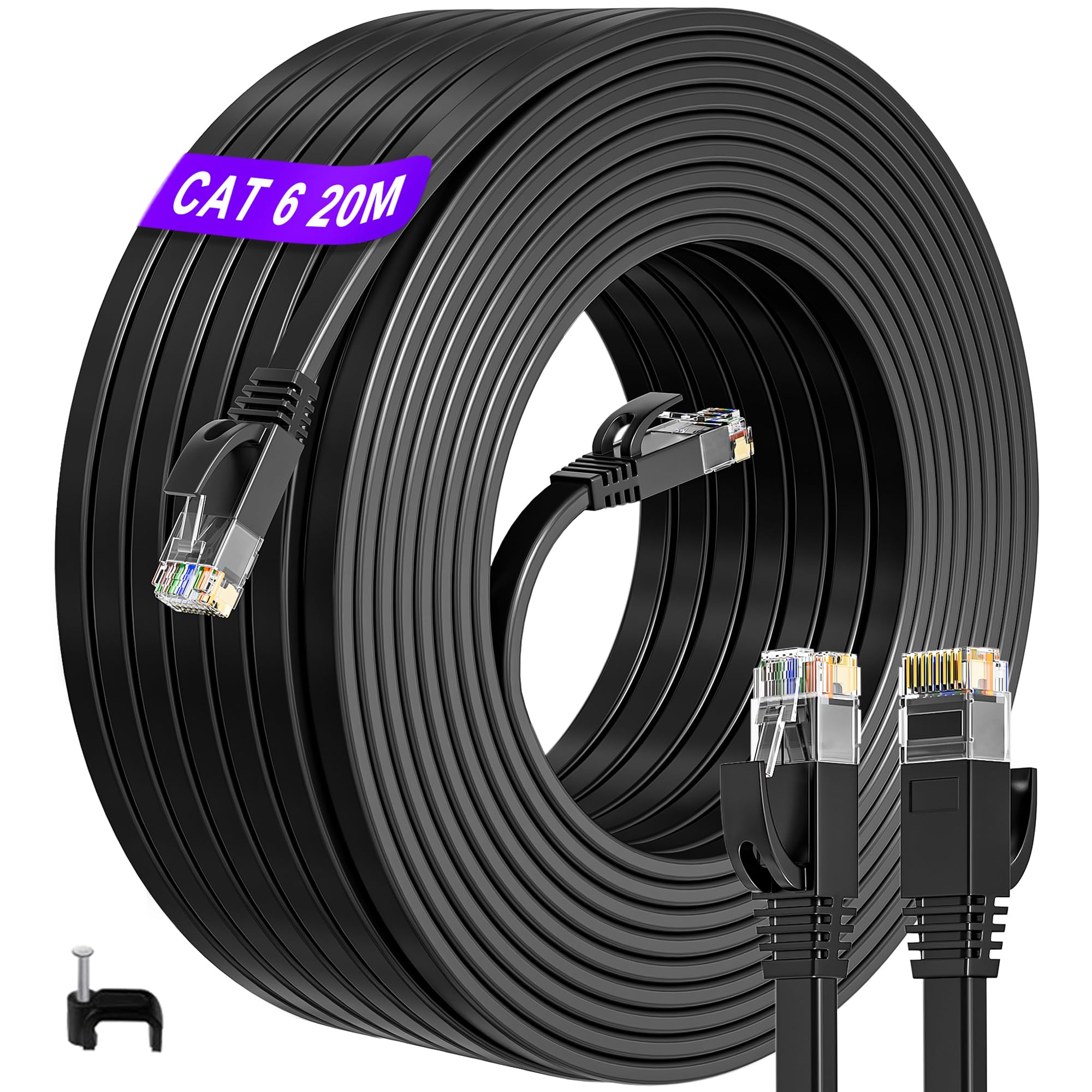 ikbc Ethernet Cable 20m, Cat 6 Flat Internet Cable 20m High Speed, Gigabit RJ45 Lan Cable Cat 6 20 Meter, 1000Mbps Patch Cord Black for Router (20 Clips)