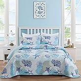 Dinjoy Coastal Quilt Set Queen Size, Blue Ocean Beach Themed Bedding Set Coral Seashell Conch Starfish Pattern Microfiber Lightweight Summer Bedspread Coverlet Bed Set All Season (96x90 Inch)
