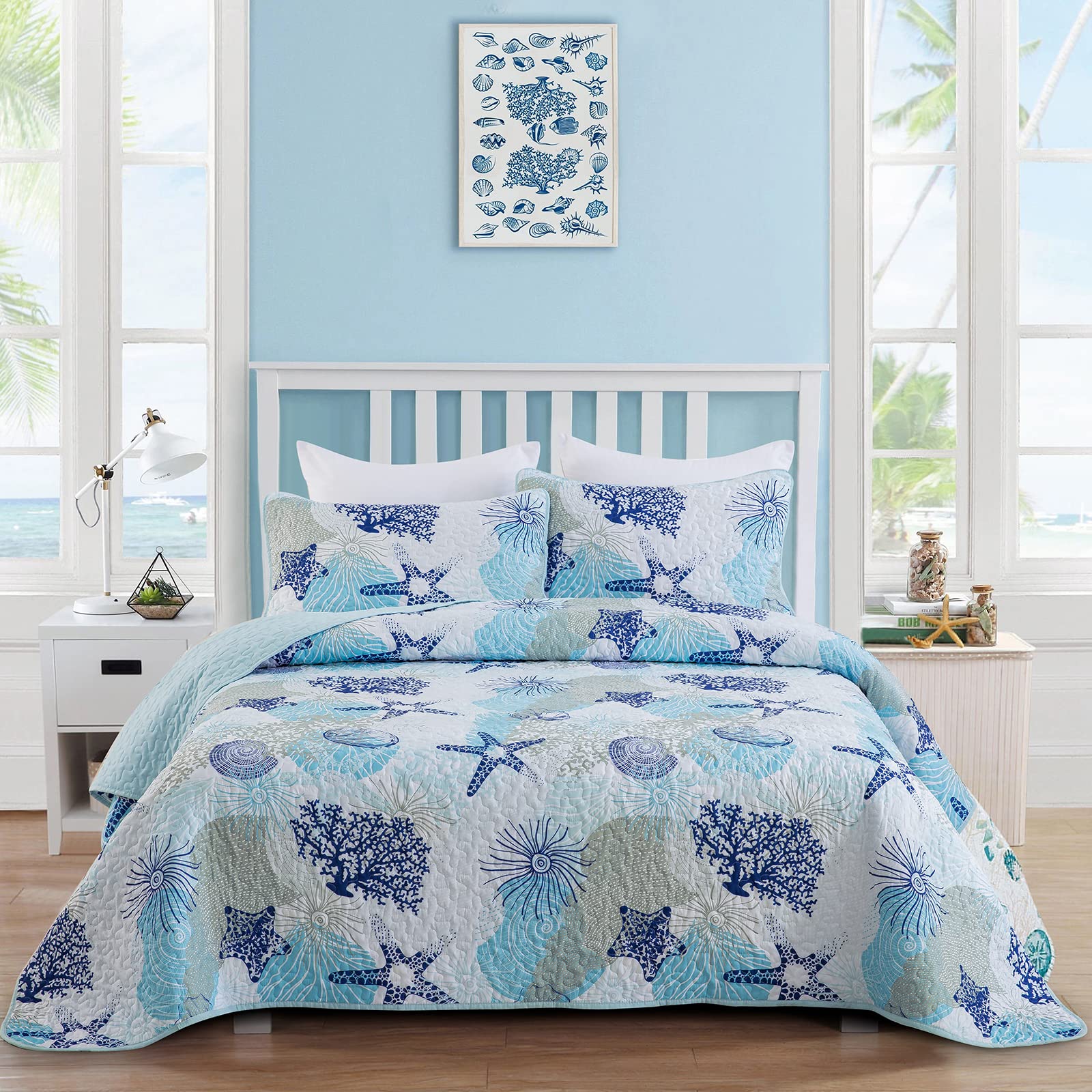 Photo 1 of ***SIZE UNKNOWN*** Dinjoy Coastal Quilt Set Queen Size, Blue Ocean Beach Themed Bedding Set Coral Seashell Conch Starfish Pattern Microfiber Lightweight Summer Bedspread Coverlet Bed Set All Season (96x90 Inch)