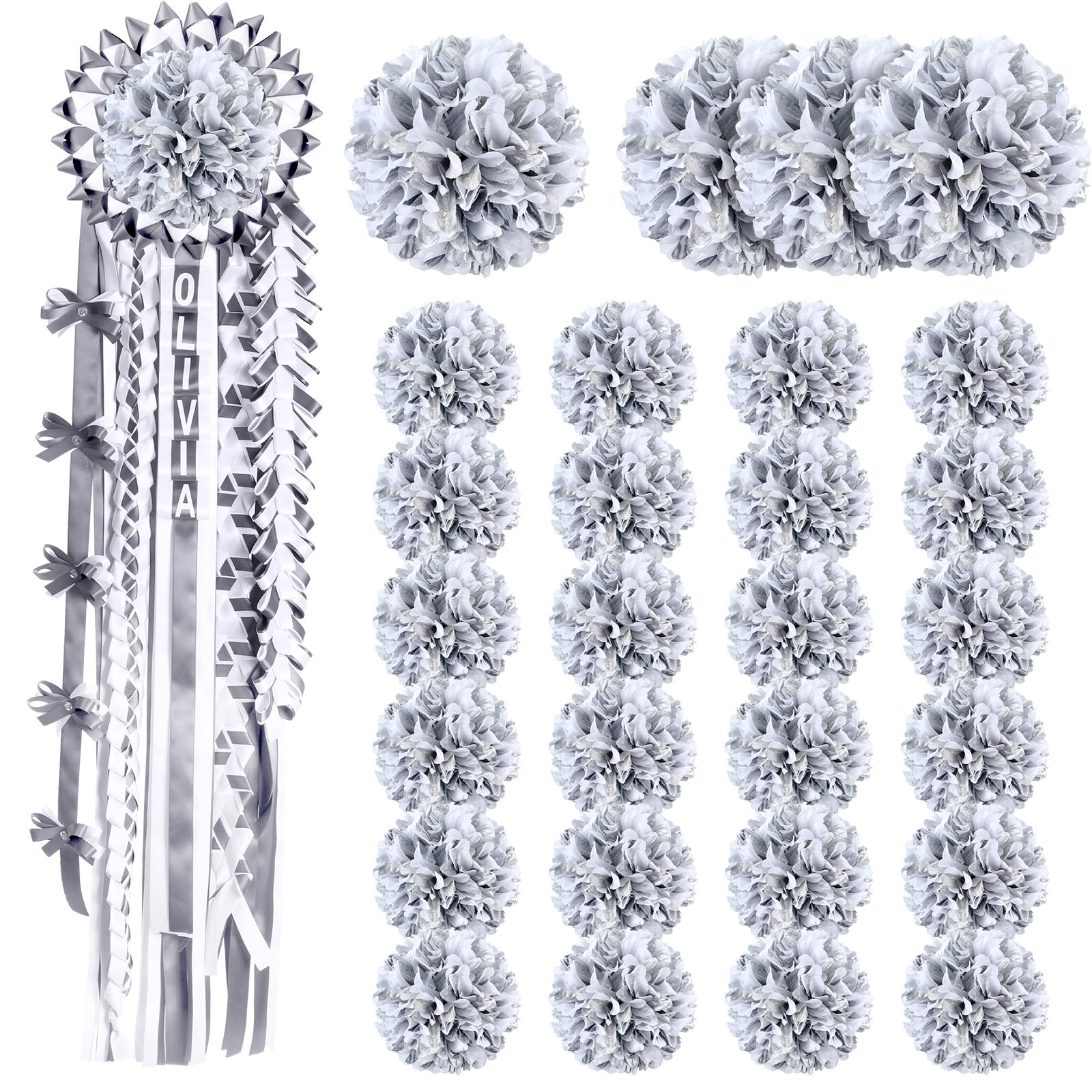 Photo 1 of Thiccywoov 28 Pcs Homecoming Mum Flower Decoration 6.5/4.5 Inches Artificial Fake Silk Chrysanthemums Homecoming Supplies DIY Crafts for Home Back to School Week Party Decorations(Silver and White)