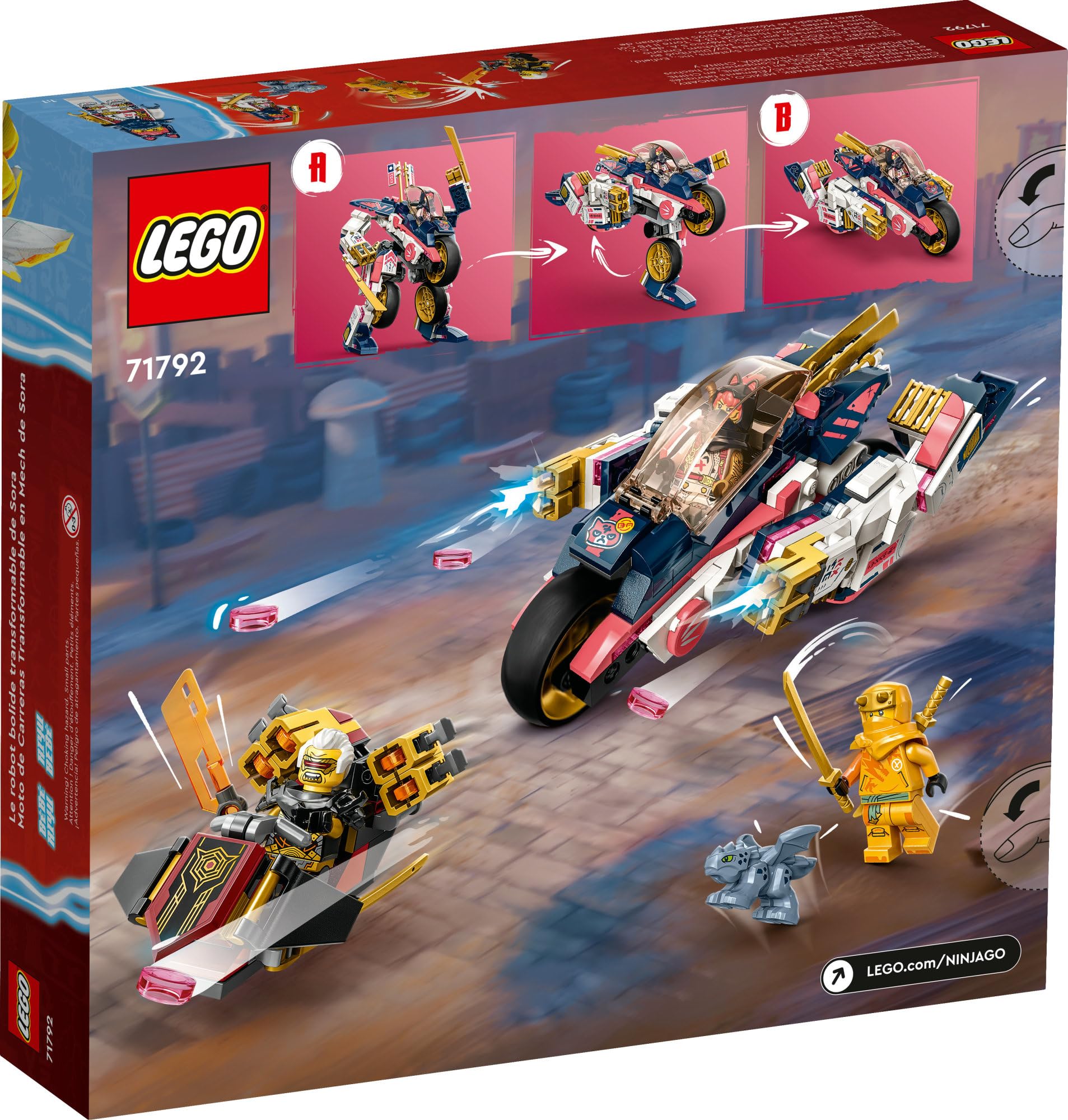 LEGO NINJAGO Sora’s Transforming Mech Bike Racer Building Toys for Kids, Featuring a Mech Ninja Bike Racer, a Baby Dragon and 3 Minifigures, Gift for Kids Aged 8+, 71792