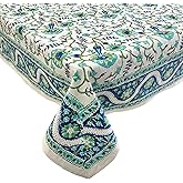 India Arts Hand Block Print Tablecloth 72x72 Square, 100% Cotton Blue Green White Floral Table Cloth for Kitchen Dining Linen, Weddings, Holiday Party, Restaurant, Summer/Fall/Winter Home Decor