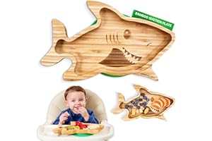 BAMBAMKIDZ Bamboo Suction Plates for Baby - Strong Suction Plates for Toddlers - Non-toxic All Natural Eco Friendly Materials - Shark