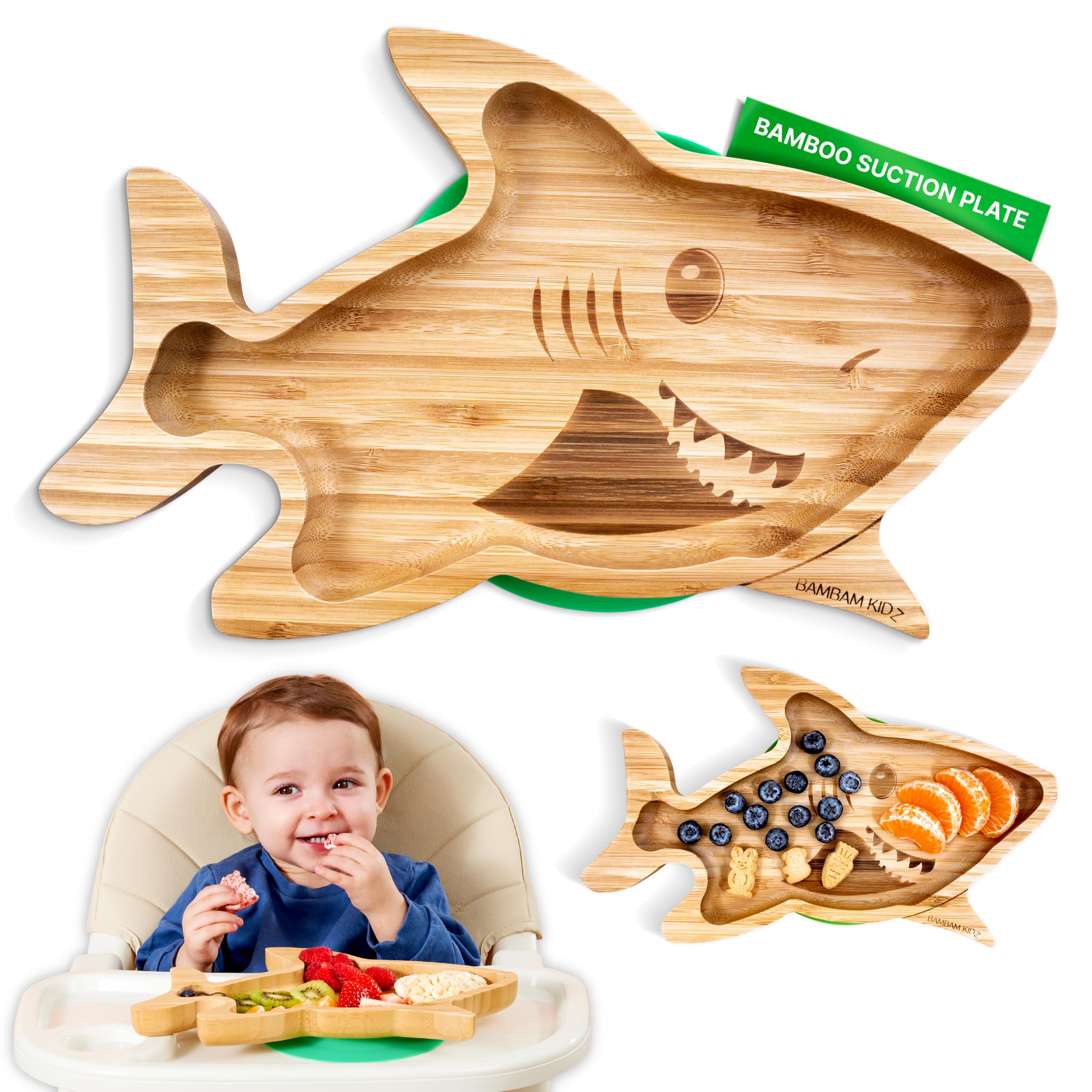 BamBamKidz Bamboo Suction Plate Baby - Strong Suction Toddler Plates - Non-Toxic All Natural Eco Friendly Materials - Shark