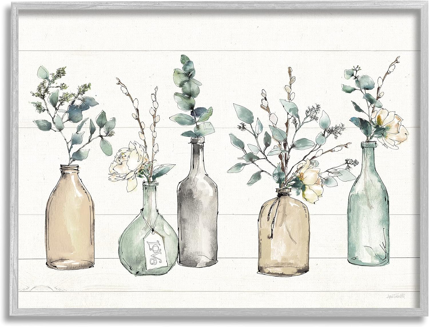 Wall Décor - Stupell Industries Bottles and Plants Farm Wood Textured, Design by Anne Tavoletti Wall Art, 16 x 20, Multi-Color for Living Room, Grey Framed