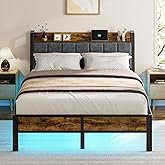 Liians Full Size Bed Frame with Smart LED Light, Wood Storage Charging Station Headboard, Metal Platform Bed, No Box Spring Required, Easy Assembly, Noise Free