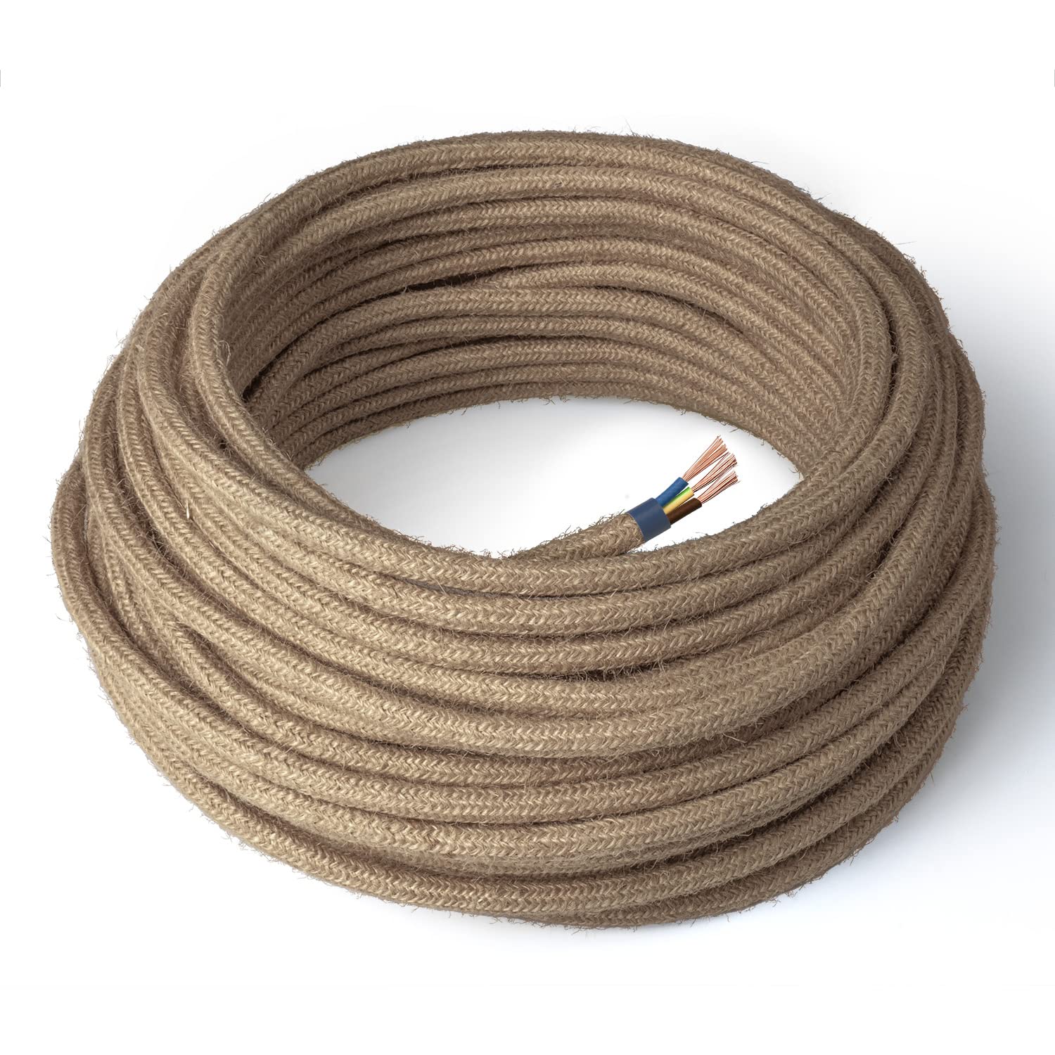 Amarcords - textile electric cable JUTA color, round, jute, 10 meters, with grounding 3x0,75mm - Wire coated in colored vintage fabric for chandeliers and lamps applique lampshades.