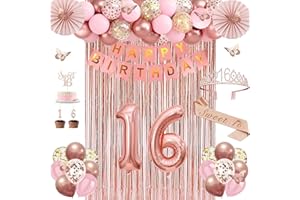 Sweet 16 Birthday Decorations, 50pcs 16th Birthday Party Decorations with Banner, Sweet 16 Sash and Tiara, Fringe Curtain, Bu