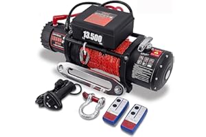 XYCLE13500LB Winch 12V Electric Winch with Synthetic Rope & Wireless Remote IP67 Waterproof Off-Road Recovery Winch for Truck Jeep ATV UTV, Heavy Duty Winch Kit with Hawse Fairlead(Red synthetic rope)