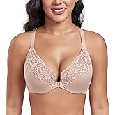 DotVol Women's Plus Size Flower Lace Front Closure T-Back Underwire Everyday Bra