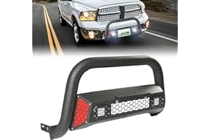 PARTREE Bull Bar Fit for Dodge Ram 1500 2009-2018 & Ram 1500 Classic 2019-2025((Exl Rebel Warlock Sport) with LED Light,w/License Plate Bracket DIY Paintable Front Bumper Brush Push Bar Grille Guard