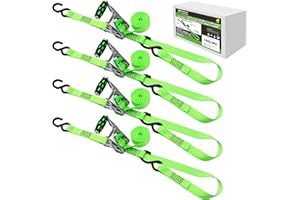 XSTRAP STANDARD 1in x 14ft Ratchet Straps with Ergonomic Aluminium Alloy Handle and Coated S-Hooks - 500 lb. Working Load Limit / 1,500 lb. Breaking Strength - Green, 4PK
