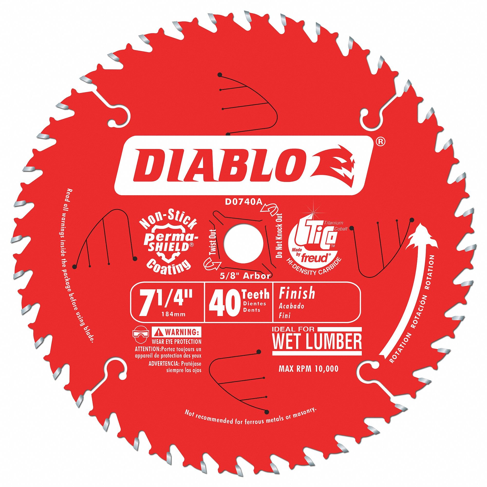Hoja de sierra con acabado Diablo: 7-1/4 de diámetro, 40 ATB, eje de 5/8, 8000 RPM máx.