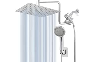 Voolan High Pressure Rain Shower Head with Handheld Combo, 10'' Square Shower Head with 14'' Adjustable Curved Shower Extension Arm, 5 Settings Handheld Shower Heads with Holder and Hose (Chrome)
