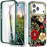 Turquiase Cute Flower Case for iPhone 17 Pro 6.3 inch Built with Screen Protector, Lightweight and Stylish Full Body Shockproof Protective Rugged TPU Case for Women/Girls-Black Peonies