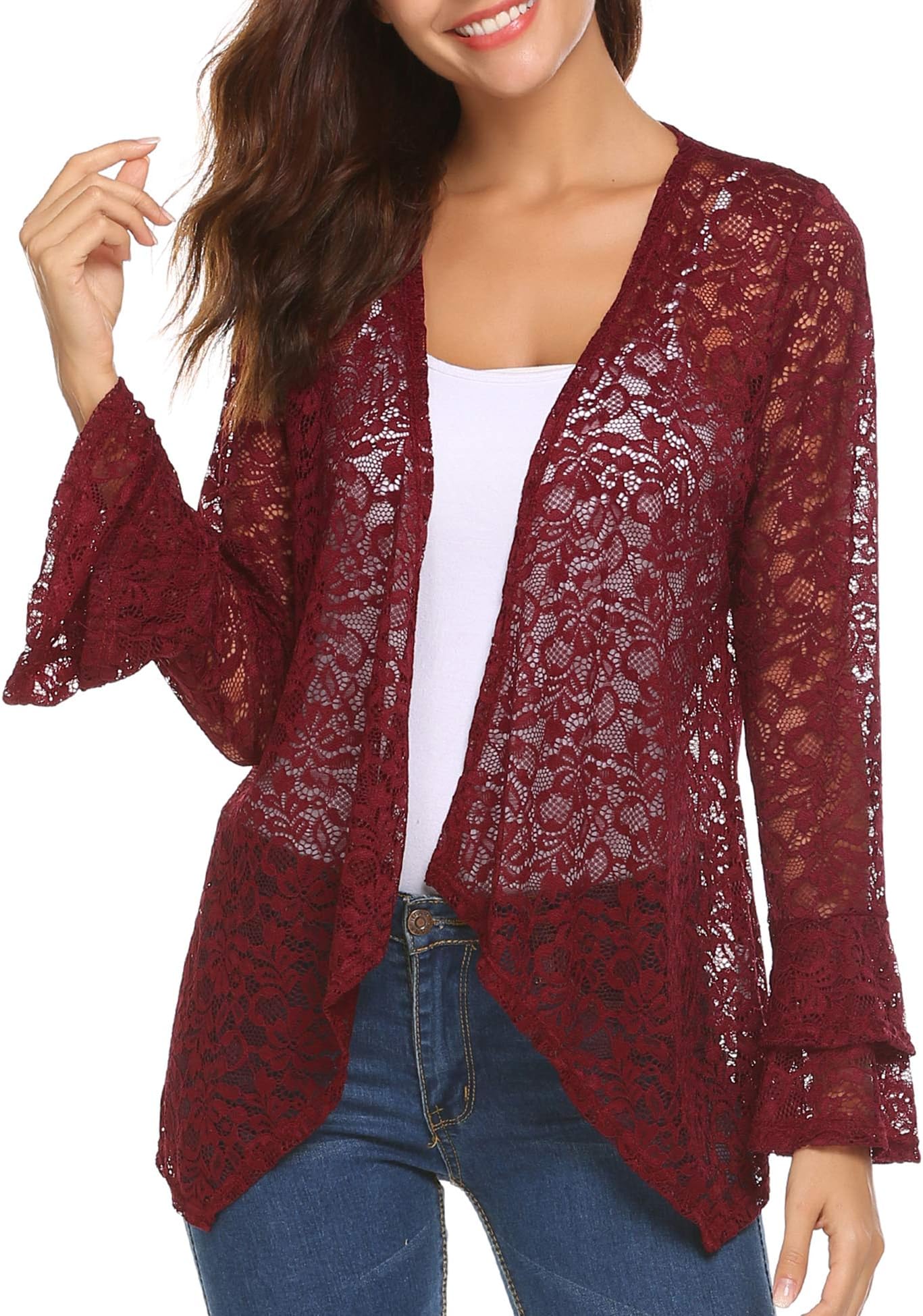 Women's Bell Sleeve Open Front Cardigans Lace Crochet Loose Casual Cover Up