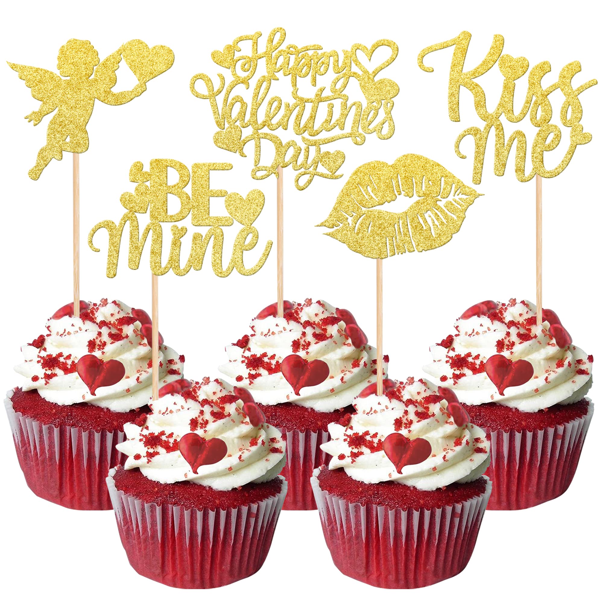 Xsstarmi 30 Pack Happy Valentine's Day Cupcake Toppers Glitter Cupid Kiss Me Love Heart Lip Cupcake Picks Be Mine Cake Decorations for Valentine's Day Theme Bridal Shower Party Supplies Gold