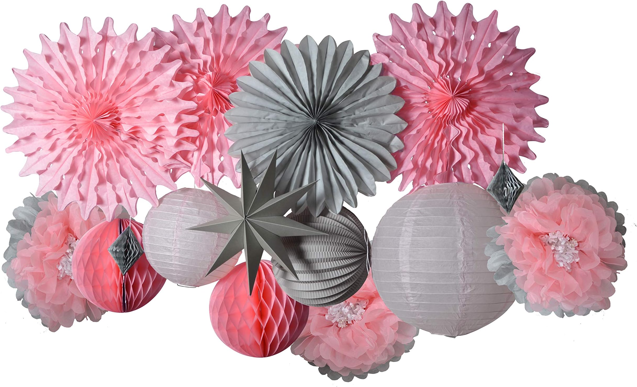 Paper Jazz Pink Grey Paper Flower Accordion Lantern Pinwheel Fan Party Decoration kit