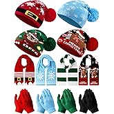 Cuffbow 12 Pcs Christmas Knitted Beanies and Scarf Gloves Set Xmas Santa Hats with Pom Winter Warm Skull Cap Long Knit Scarf Gloves for Adults Women Men Christmas