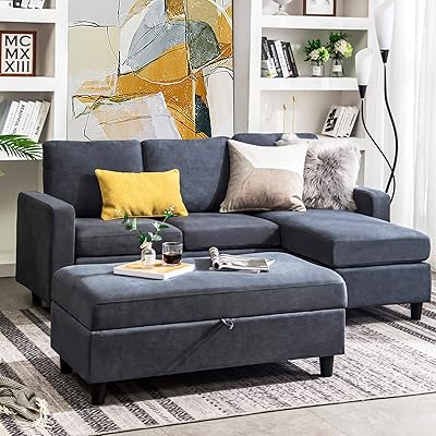 HONBAY Reversible Sectional Couch with Chaise and Ottoman, Bluish Grey