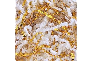 LDKGHE 4 oz Crinkle Cut Paper Shred Filler for Gift Wrapping Baskets Filling Box Birthdays Christmas Thanksgiving Easter Weddings Valentines Mother's Day Anniversaries (White and Gold)