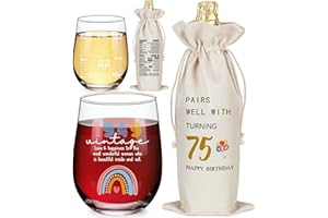 LEJIAJINW 75th Birthday Gifts for Her - 75 Years Old Birthday Gifts for Women - Vintage 75th Birthday Decorations for Women - 75 Year Old Presents Stemless Wine Glass (1 Glass, 1 Bag)