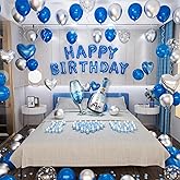Blue Happy Birthday Decorations for Men Blue and Silver Biirthday Balloon Letters Banner with Heart-Shaped Champagne Bottle Wine Glass Balloons Rose Petals for Room Birthday Party Decor