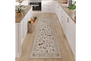 Rugcomf Runner Rug for Kitchen Rug Non Slip 2'x6' Washable Rugs with Rubber Backing Soft Floral Animal Carpet Runner for Kitchen, Laundry, Bedroom, Bathroom (Beige)