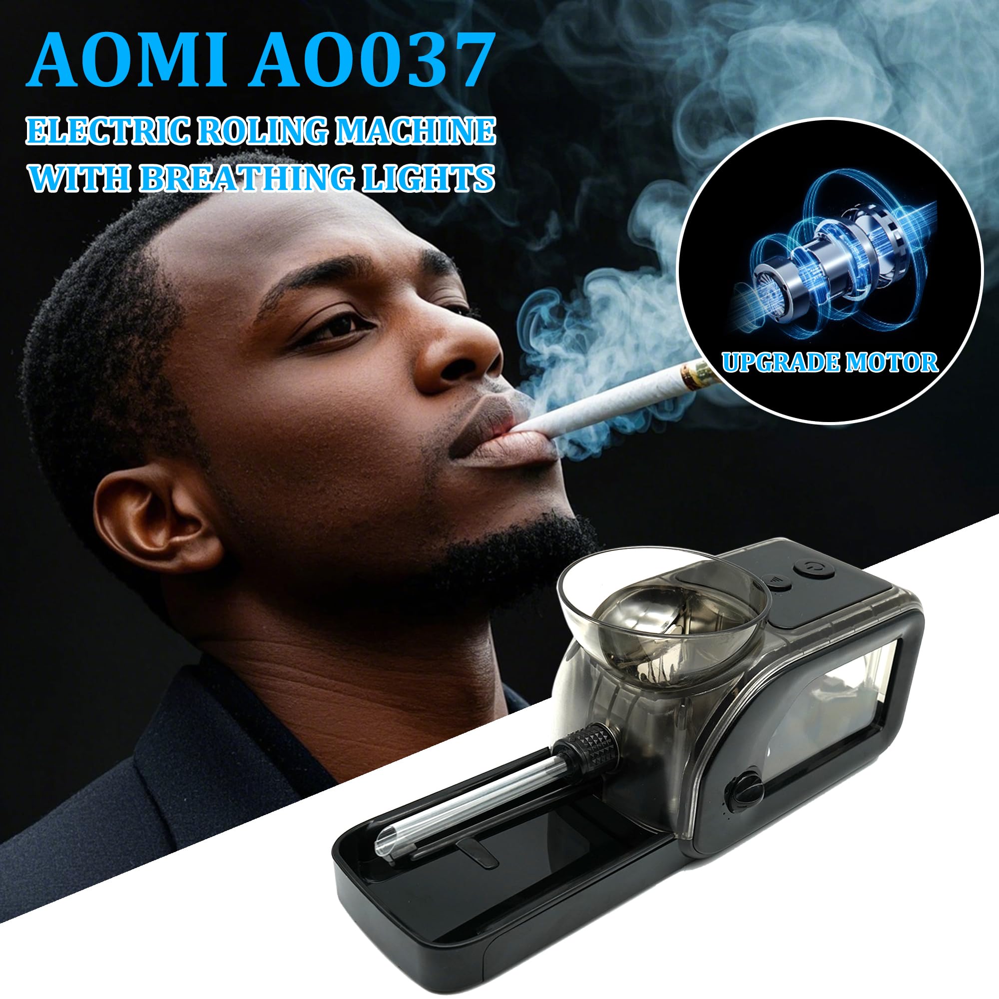 Electric Tobacco Cigarette Rolling Machine, Portable Cone Loader Injector Machine, Multi-Color Pulsating Light Black Adjustable Roller for Cigarette Fit 5.5/6.5/8mm & Pre Rolled Cones for King Size