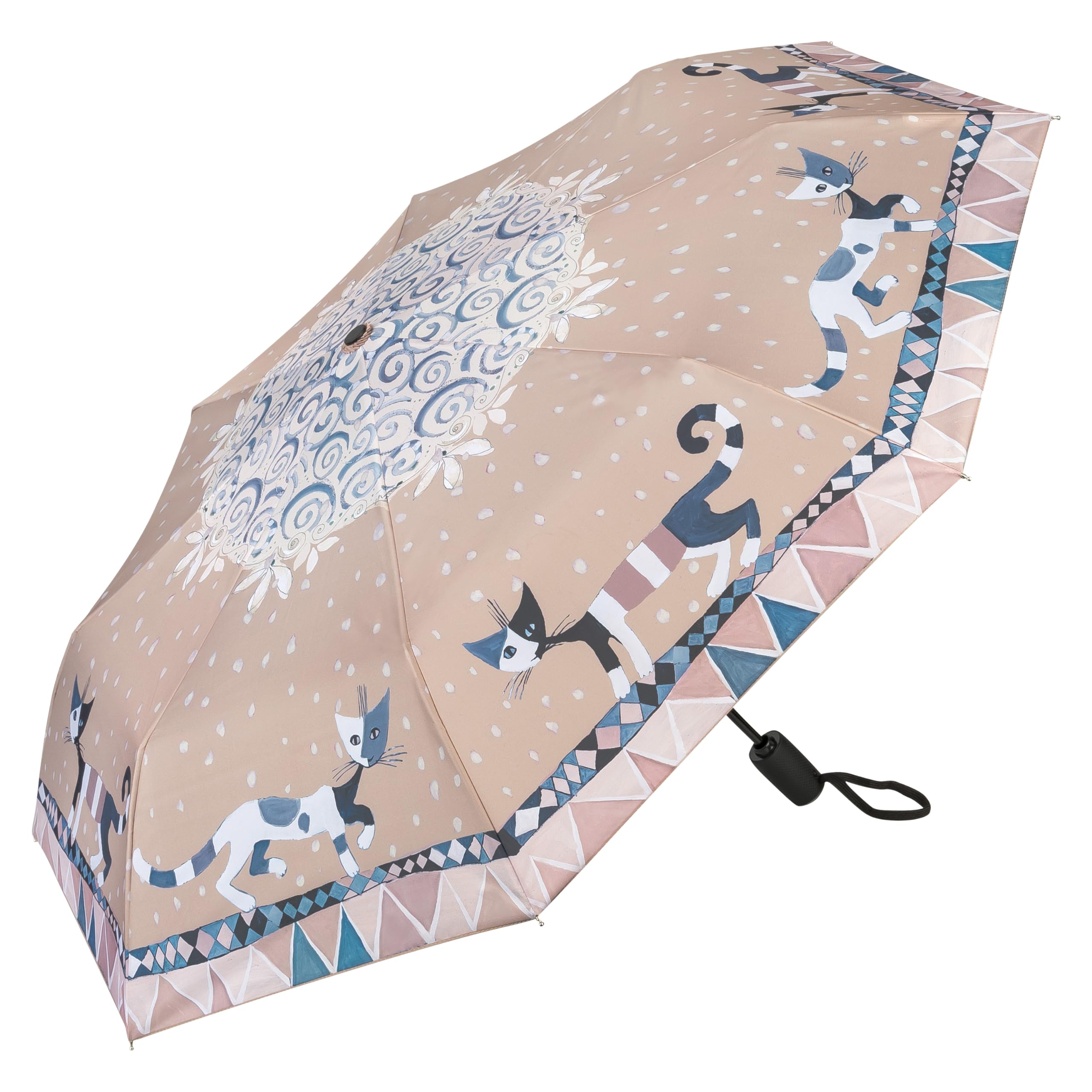 VON LILIENFELD® Rosina Wachtmeister Automatic Opening Windproof Folding Pocket Umbrella Brunello Mini Cat Art, Brown, 50/90, Classic