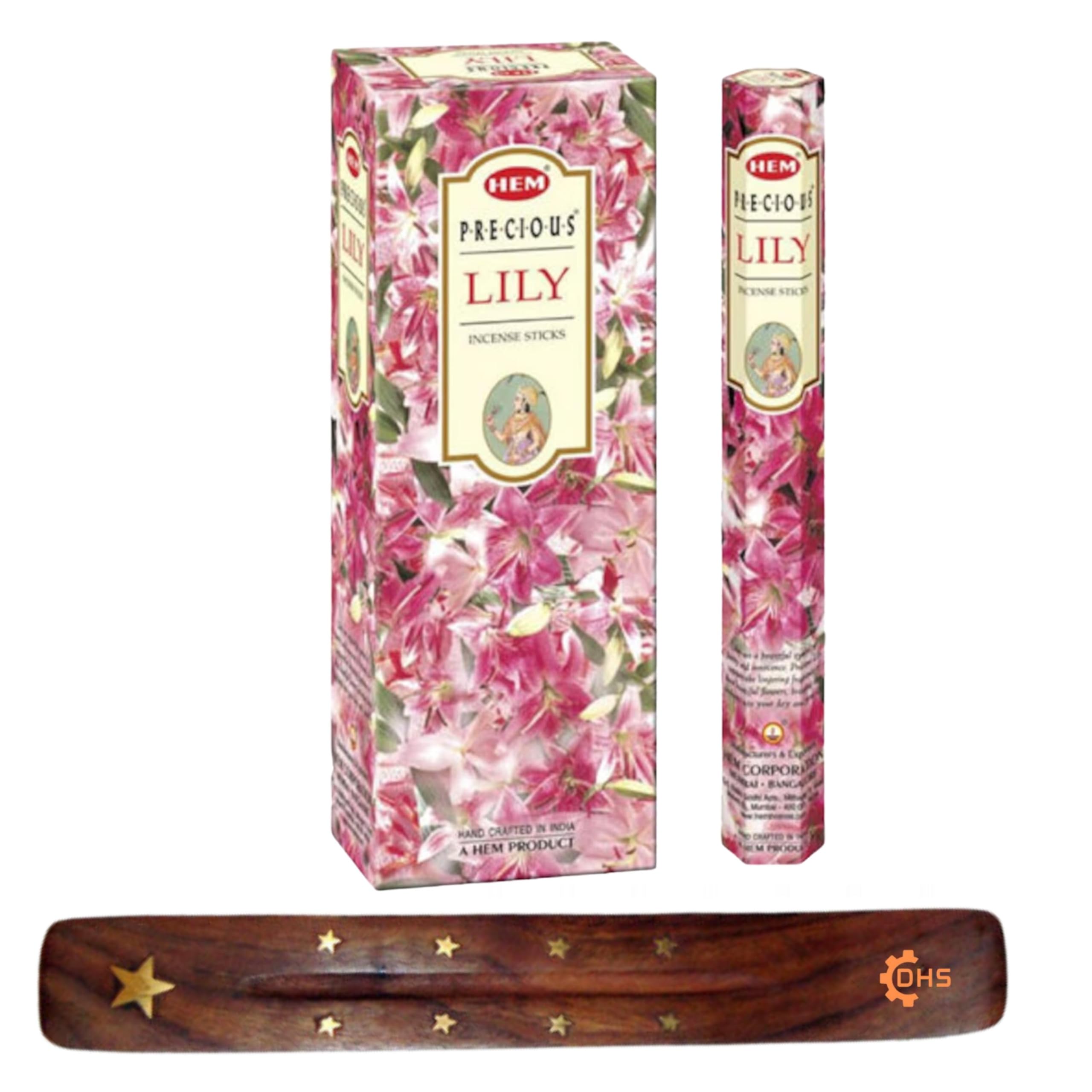 HEM Incense sticks PRECIOUS LILY Full box of 6 with DHS incense stick holder for Yoga, Meditation, Healing, Spirituality, Aromatherapy, Incense Spa and Relaxation……