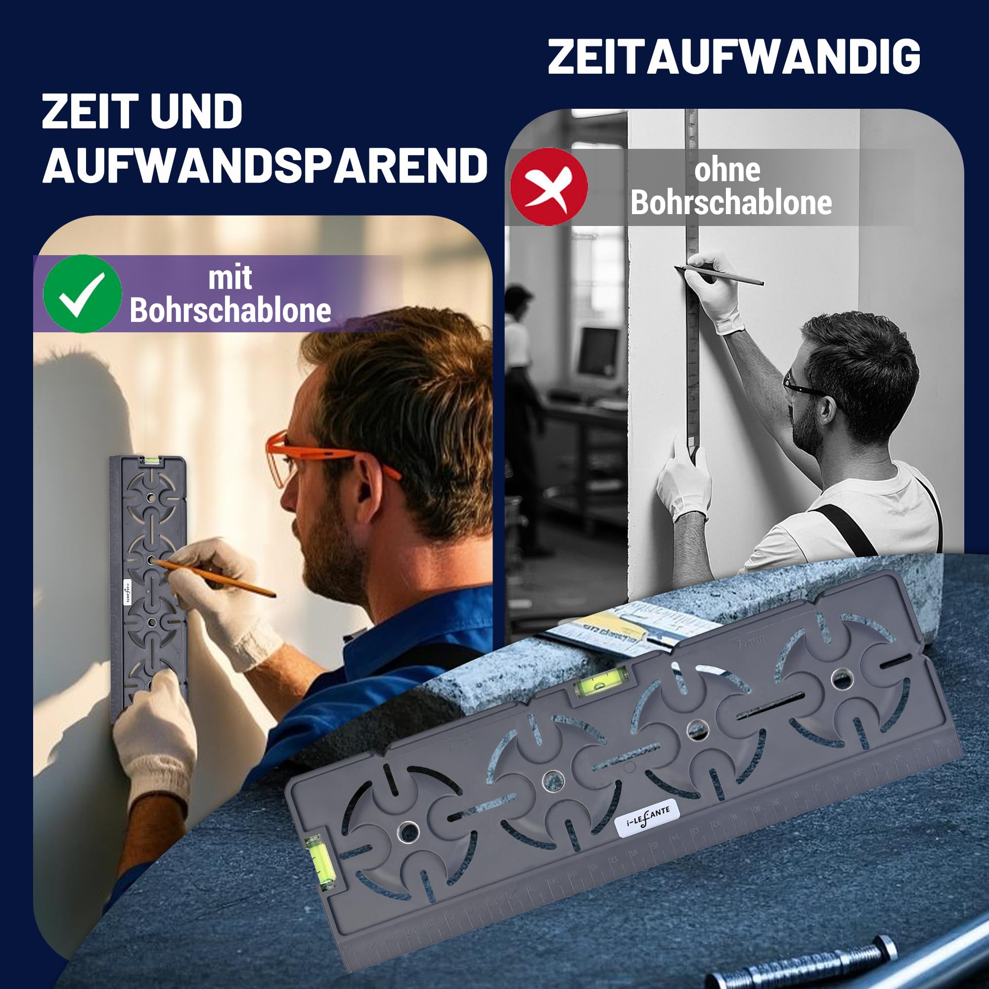 Bohrschablone für Steckdose Schalterdose Unterputzdose Hohlwanddose 71mm Abstand All in One mit Wasserwaage 30cm Lineal Für Elektroinstallation Rohbau Trockenbau Elektriker Heimwerker (Grau) 5