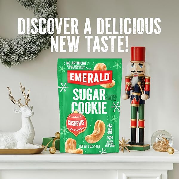 EMERALD NUTS SUGAR COOKIE FLAVORED CASHEWS (1-PACK) | 5OZ RESEALABLE BAG | KOSHER DAIRY CERTIFIED, NON-GMO, CONTAINS NO ARTIFICIAL PRESERVATIVES, FLAVORS OR SYNTHETIC COLORS