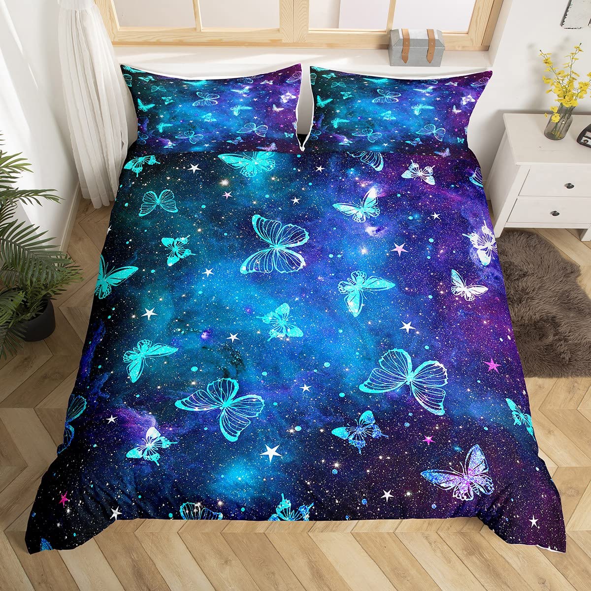 Butterfly Bedding Set Kids Universe Galaxy Butterflies Comforter Cover Set for Boys Girls Purple Blue Outer Space Duvet Cover Breathable Starry Sky Bedspread Cover Bedroom King — image 1