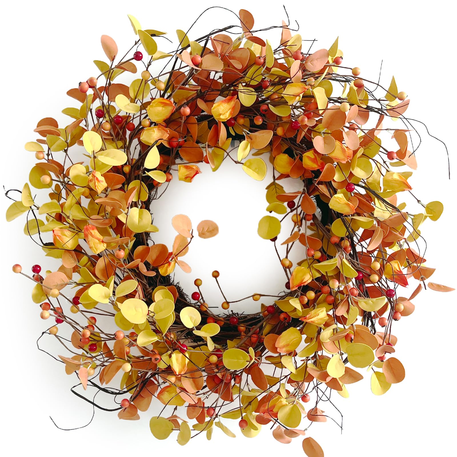 Photo 1 of 24 Inch Fall Wreath for Front Door Berry Autumn Wreath with Yellow and Orange Leaves, Large Grapevine Wreaths for Fall Door Decor Farmhouse Wall Window Home Decoration