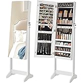 SONGMICS Jewelry Cabinet Armoire, Freestanding Lockable Storage Organizer Unit with 2 Plastic Cosmetic Storage, Full-Length Frameless Mirror, for Necklace Earring, White UJJC002W01