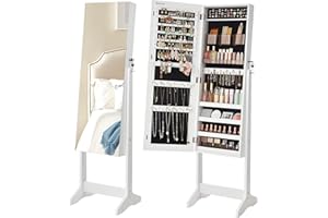 SONGMICS Jewelry Cabinet Armoire, Freestanding Lockable Storage Organizer Unit with 2 Plastic Cosmetic Storage, Full-Length Frameless Mirror, for Necklace Earring, White UJJC002W01