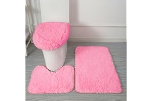 Eanpet Shaggy Bathroom Rugs Sets 3Piece Pink Bath Mat for Bathroom Non-Slip Bathroom Mats Water Absorbent Bath Rug Floor Mats Soft Washable Shower Rug with U-Shaped Contour Rug Toilet Lid Cover