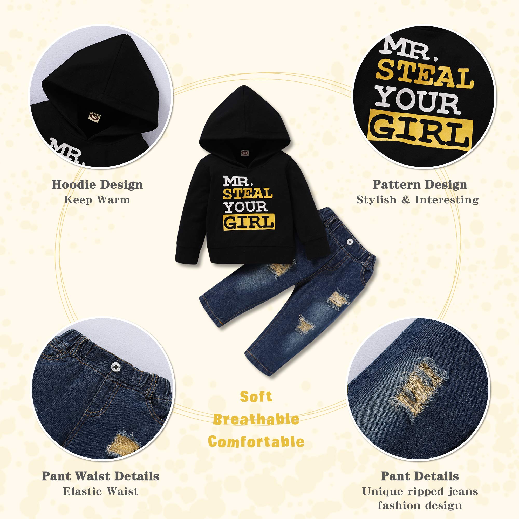 NZRVAWS Baby Boy Clothes Toddler Boy Outfit 2 3 4T 6 12 18 24 Month Fall Winter Hoodie Ripped Jeans Clothing