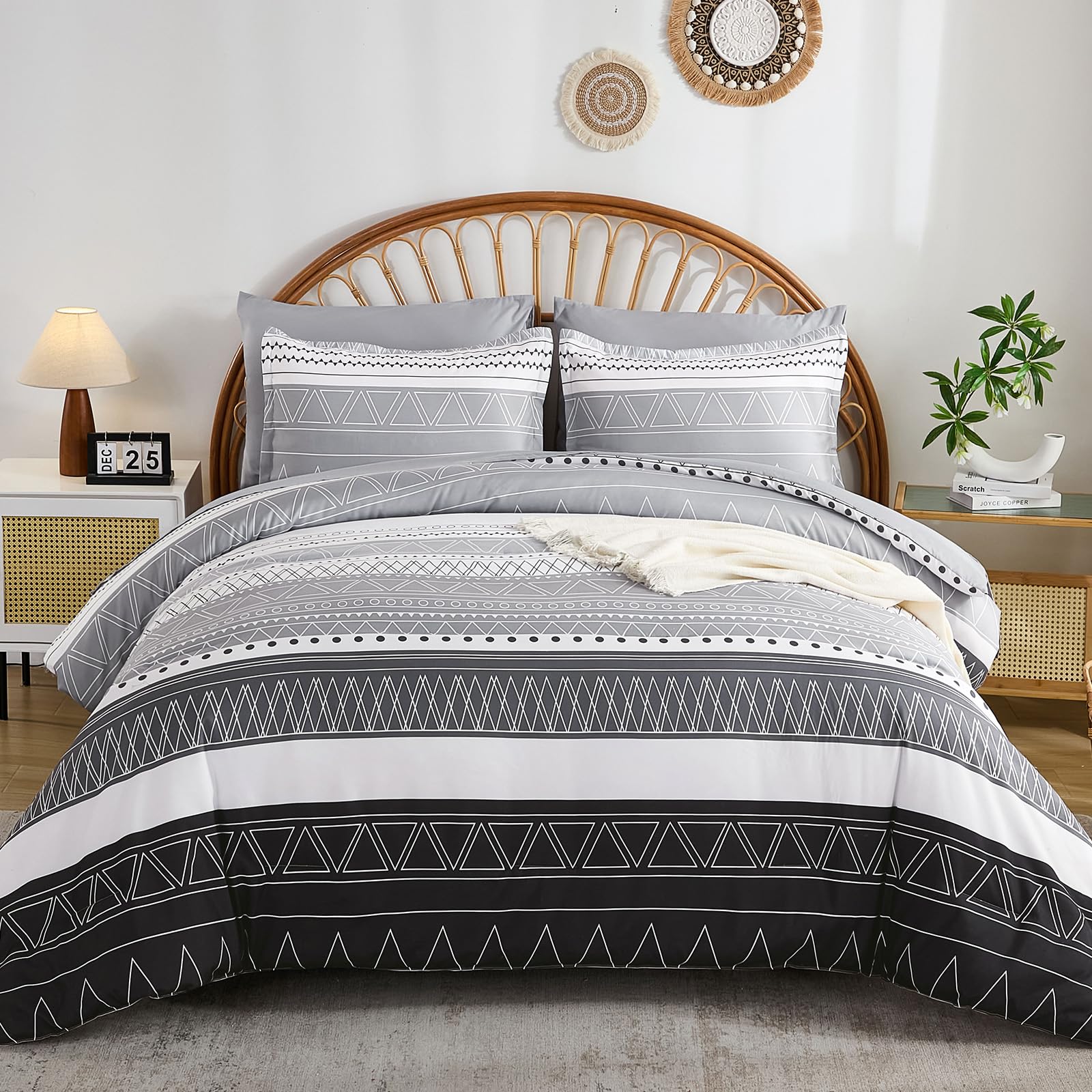 Photo 1 of WONGS BEDDING King Size Comforter Set 7 Pieces, Boho Grey White Geometric Striped Comforter for King Bed in a Bag, Soft Microfiber Bedding Set with Pillowcases, Flat Sheet, Fitted Sheet, Pillow Shams
