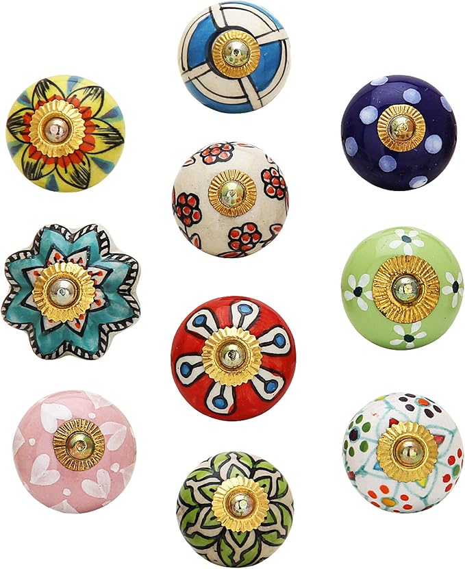 Multi Color Ceramic Door Knob Set of 10 Pc Indian Handmade Knobs with Brass Blue