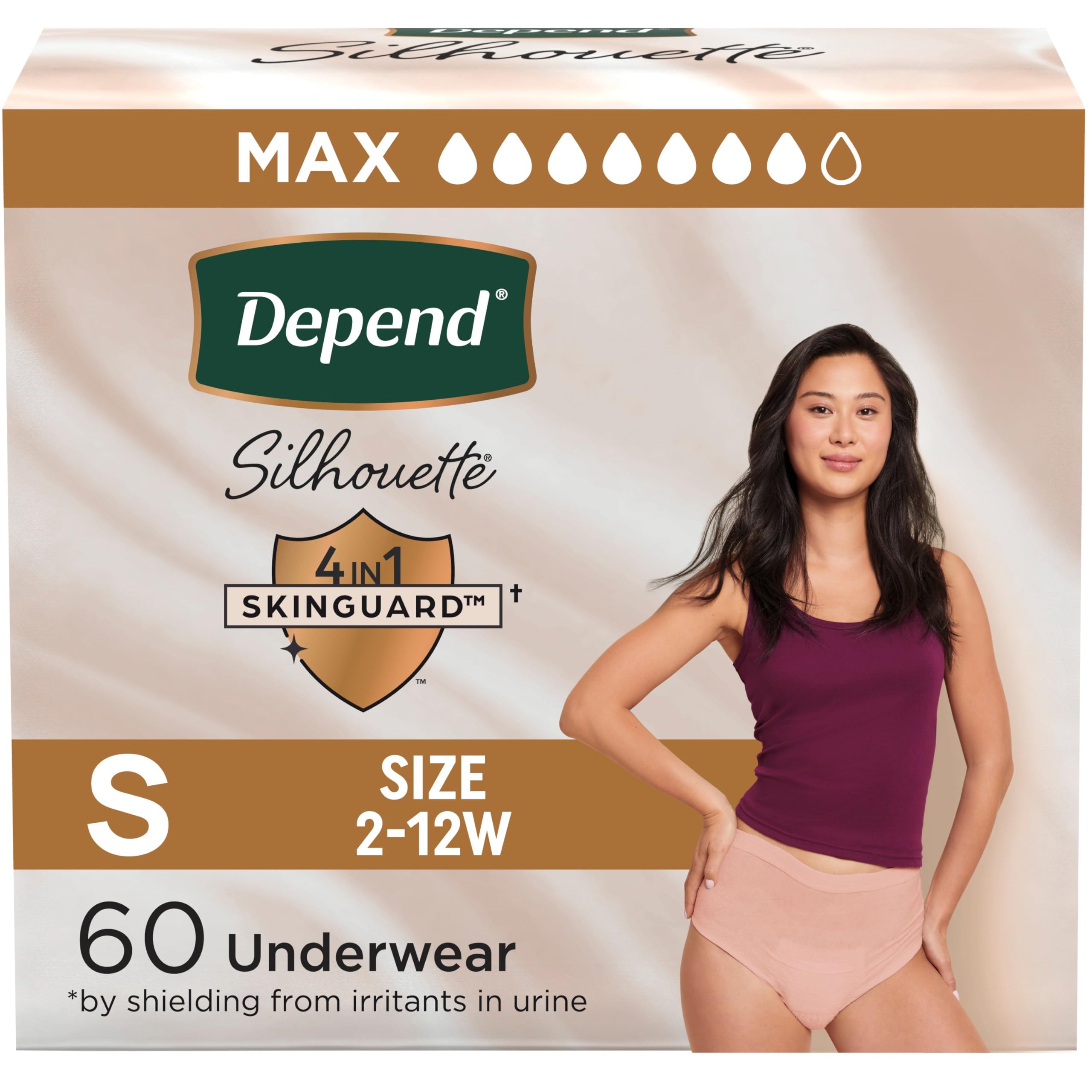Photo 1 of Depend Silhouette Adult Diapers, Incontinence & Postpartum Bladder Leak Underwear for Women, Maximum Absorbency, Small, Pink, 60 Count (2 Packs of 30), Packaging May Vary