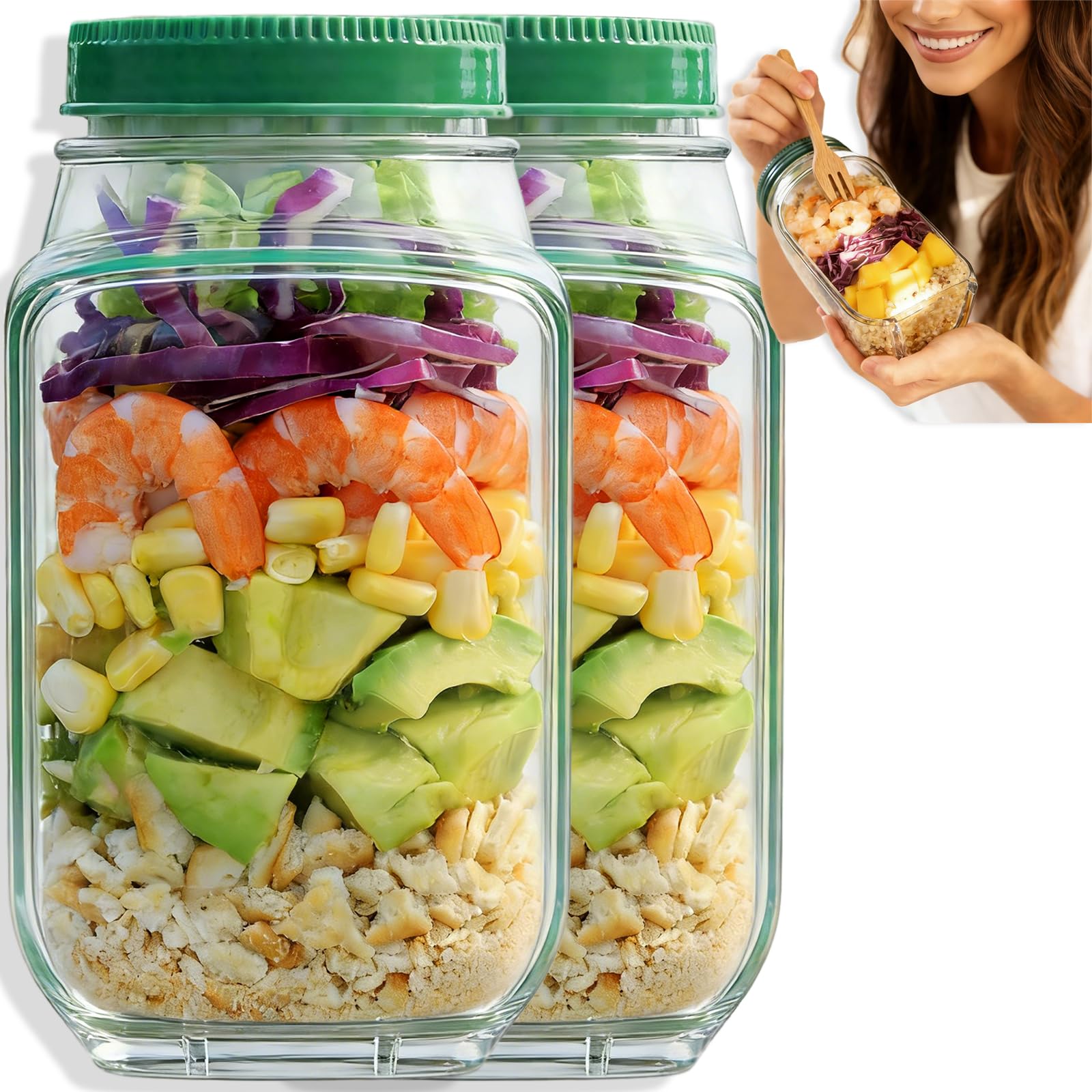 Photo 1 of **Plastic cracks****TOPMELON Salad Pod Mason Jar with Side Open, Portable Salad Container, Salad Jar with Dressing Cup, Suitable for Work, Outdoor, Travel (2PCS)**Plastic cracks****
