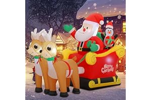 SUNGIFT Christmas Inflatable Santa Sleigh and Reindeer, 6 FT Blow Up Santa Claus on Sleigh with Two Reindeer, Christmas Decorations Outdoor with Build-in LED for Xmas Party Yard Garden Lawn Décor