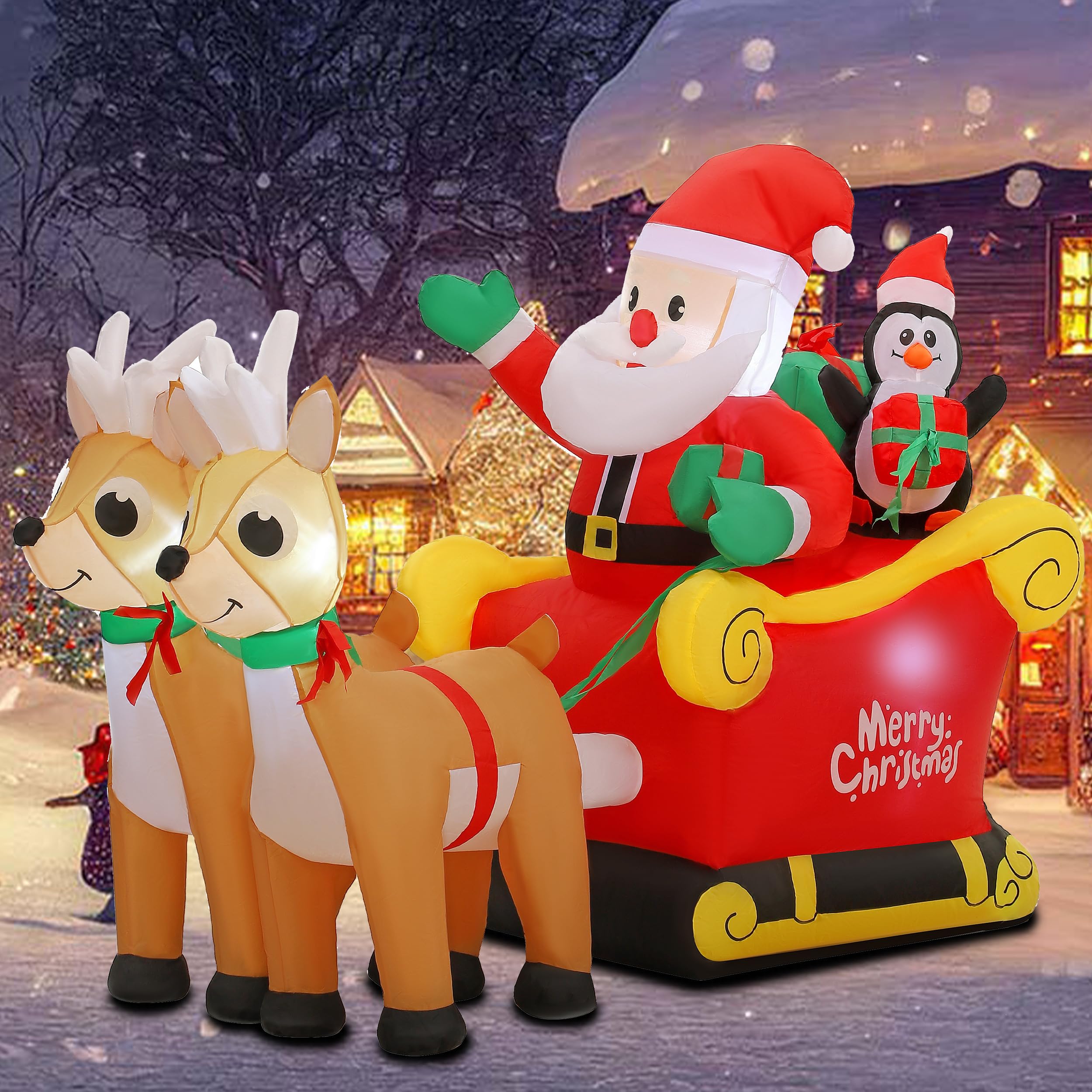 Photo 1 of ***FOR PARTS NON-FUNCITONAL*** SUNGIFT Christmas Inflatable Santa Sleigh and Reindeer, 6 FT Blow Up Santa Claus on Sleigh with Two Reindeer, Christmas Decorations Outdoor with Build-in LED for Xmas Party Yard Garden Lawn Décor