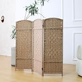 Furnnylane 3 Panel Rattan Divider Short Room Partition Screen,Double Sided Folding Divider for Room Separation,Light Brown,47.2" H x 47.2" W