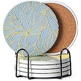 Hoewina 6Pcs Drink Coasters with Holder, Marble Style Ceramic Drink Coaster, Absorbent Coasters Set Suitable for Kinds of Cups, Modern Style Coaster for Coffee Table, 4 Inches(Gilded Relief