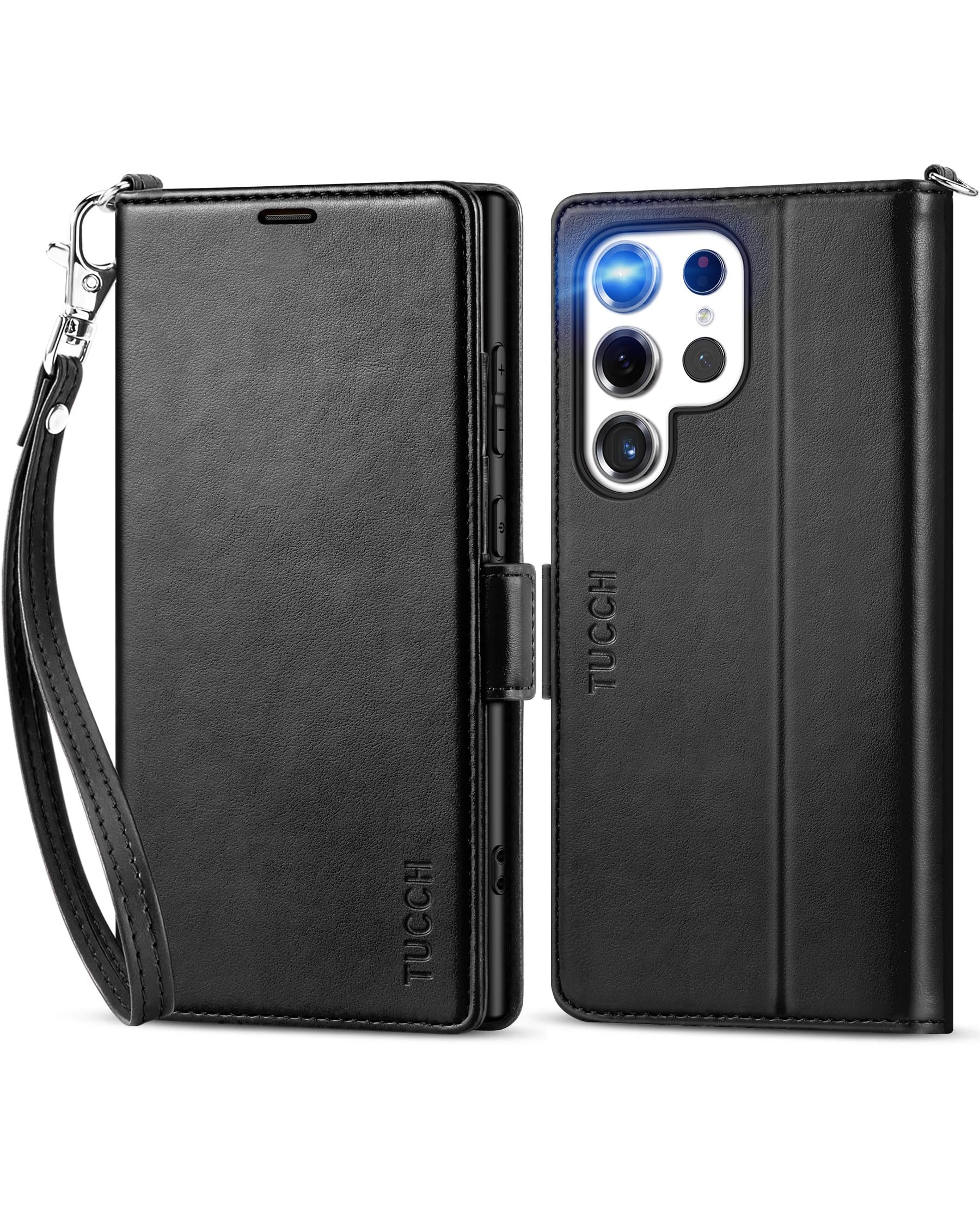 TUCCH Case for Galaxy S24 Ultra (6.8") 2024, Magnetic PU Leather Wallet Case with Wrist Strap, RFID Blocking Protection, Card Holders, Shockproof TPU, Stand Folio Flip Cover for Women Girls, Black