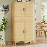 HUAHUU 71" Tall Pantry Cabinet with Curved Rattan Doors, Large Pantry Storage Cabinet with Drawer &amp; Adjustable Shelves, Modern Farmhouse Kitchen Cabinet for Dining Room, Living Room, Oak